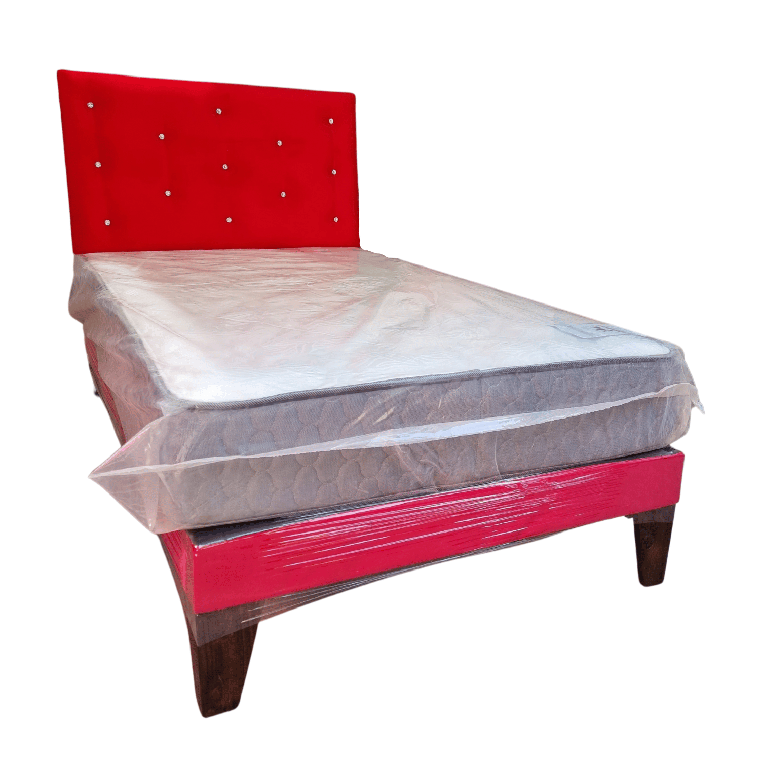 CAMA EUROPEA 1,5 PLAZA RESPALDO ROJO DIAMANTE FELPA + COLCHON DE RESORTE RIMAR - 2