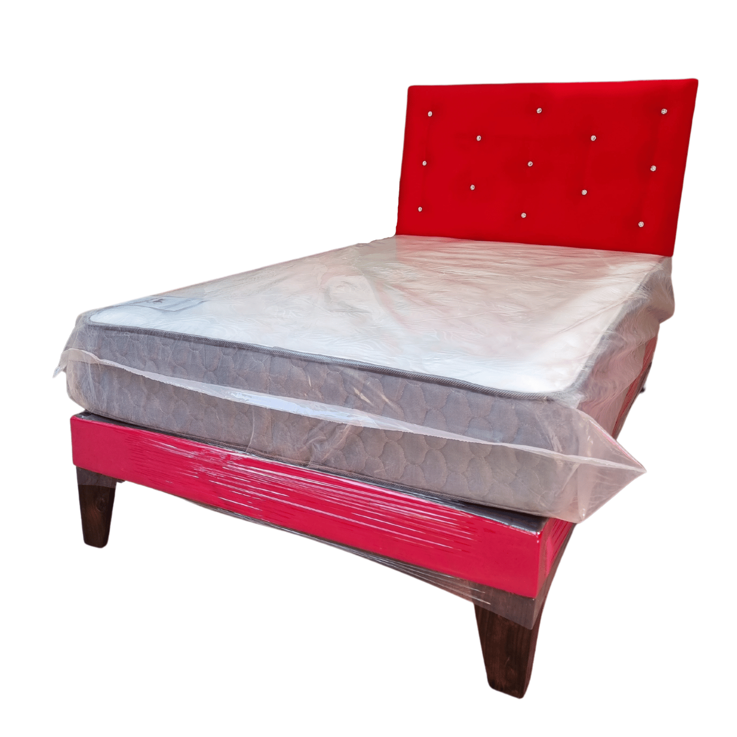 CAMA EUROPEA 1,5 PLAZA RESPALDO ROJO DIAMANTE FELPA + COLCHON DE RESORTE RIMAR - 3