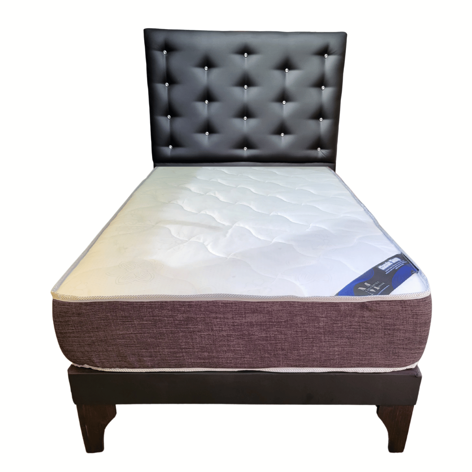 CAMA EUROPEA 1 PLAZAS RESPALDO A PISO  NEGRO ECO CUERO  DIAMANTE + COLCHON DE RESORTE RIMAR - 4