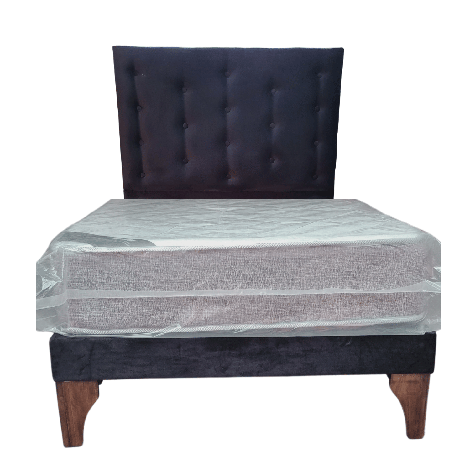 CAMA EUROPEA 1,5 PLAZAS RESPALDO A PISO NEGRO FELPA + COLCHON DE RESORTE RIMAR - 4