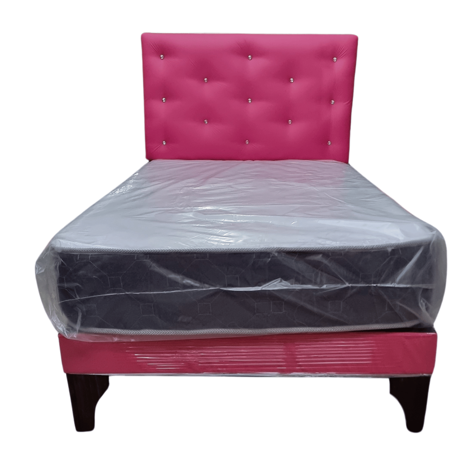 CAMA EUROPEA 1,5 PLAZA RESPALDO FUCSIA ECO CUERO DIAMANTE + COLCHON DE RESORTE RIMAR - 4