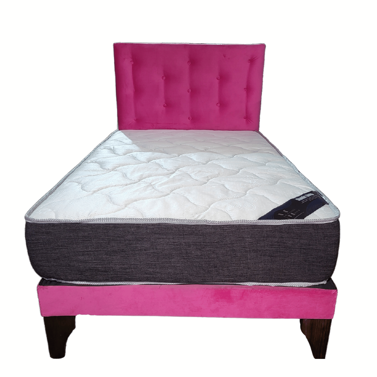 CAMA EUROPEA 1,5 PLAZA RESPALDO FUCSIA FELPA + COLCHON DE RESORTE RIMAR - 1