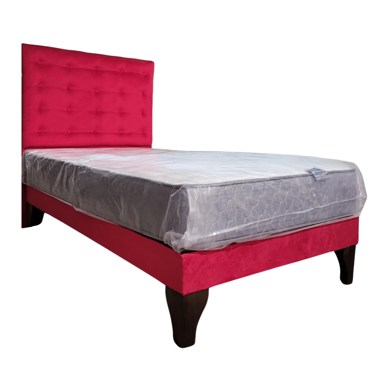 CAMA EUROPEA 1,5 PLAZAS RESPALDO A PISO ROJO FELPA + COLCHON DE RESORTE RIMAR - 2