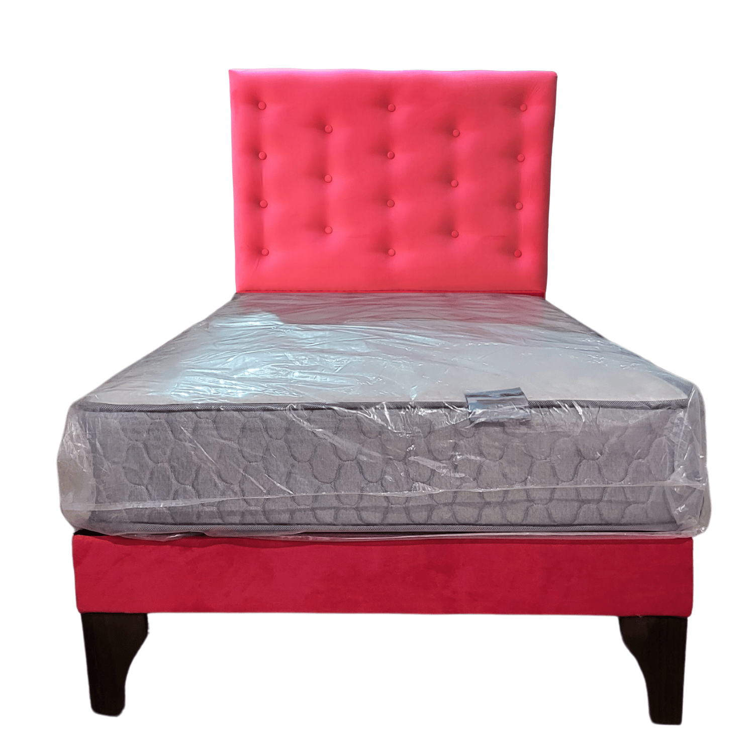 CAMA EUROPEA 1 PLAZAS RESPALDO A PISO ROJO FELPA + COLCHON DE RESORTE RIMAR - 1