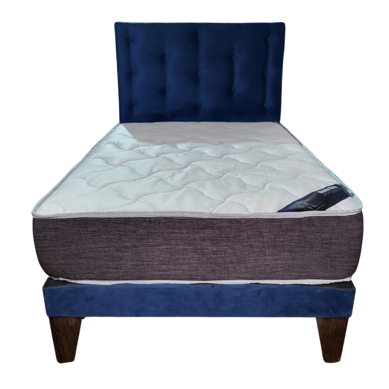 CAMA EUROPEA 1 PLAZA RESPALDO AZUL MARINO FELPA + COLCHON DE RESORTE RIMAR - 1