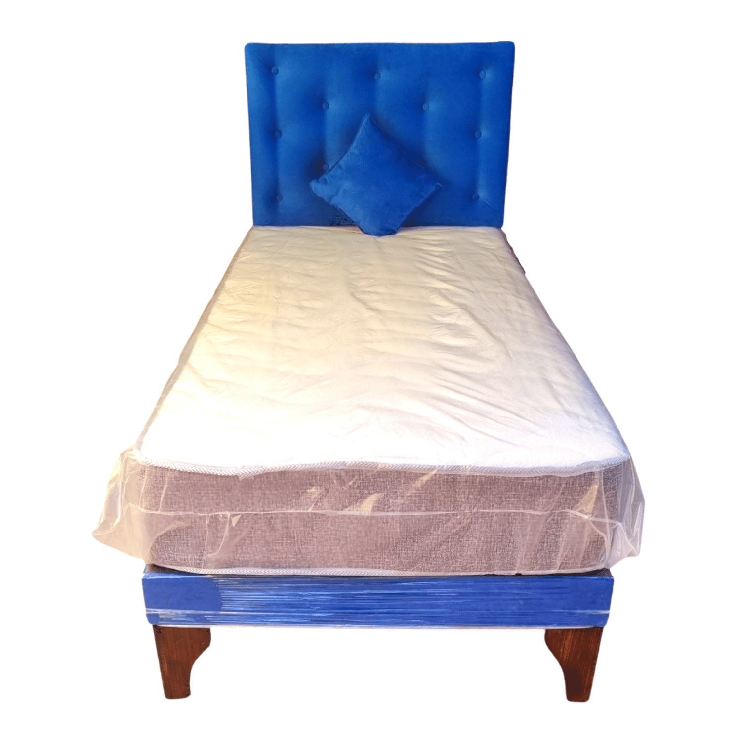 CAMA EUROPEA 1,5 PLAZA RESPALDO AZUL FELPA + COLCHON DE RESORTE RIMAR - 1