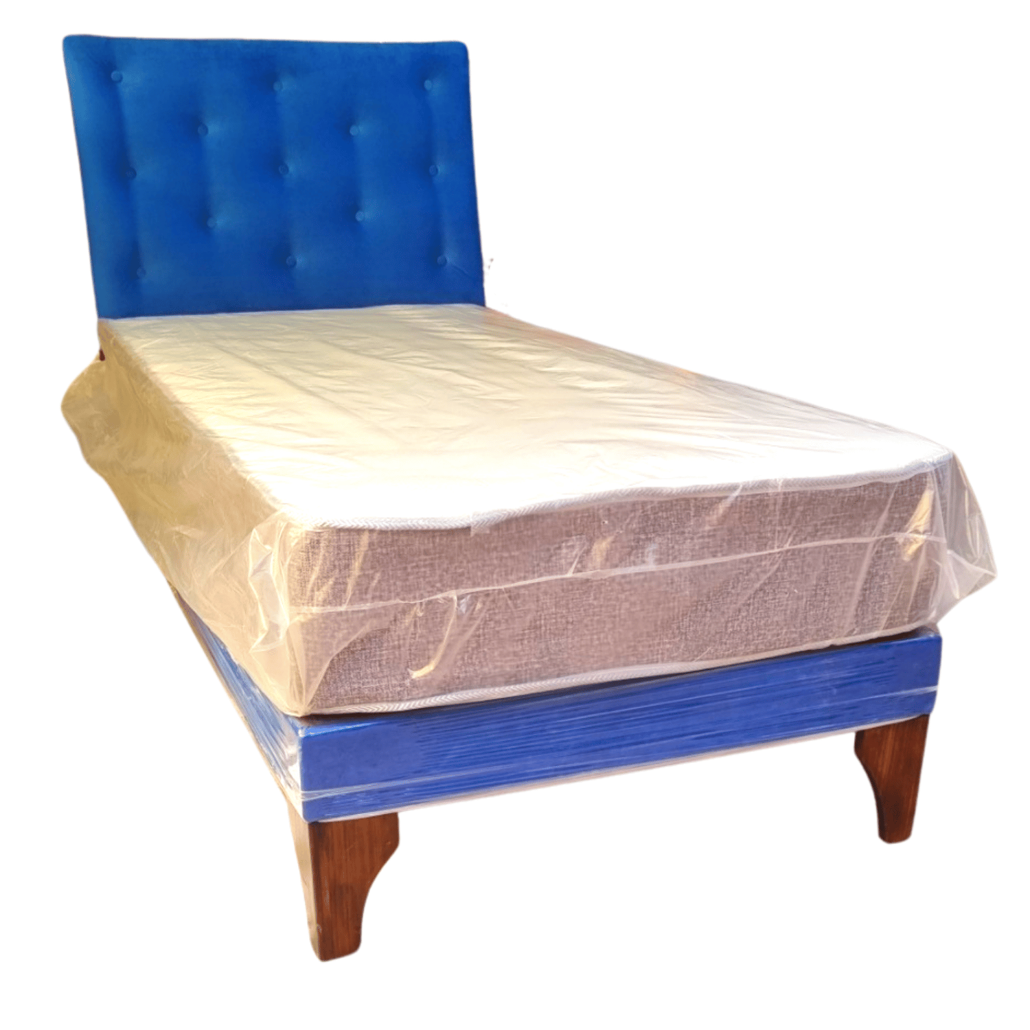 CAMA EUROPEA 1,5 PLAZA RESPALDO AZUL FELPA + COLCHON DE RESORTE RIMAR - 2