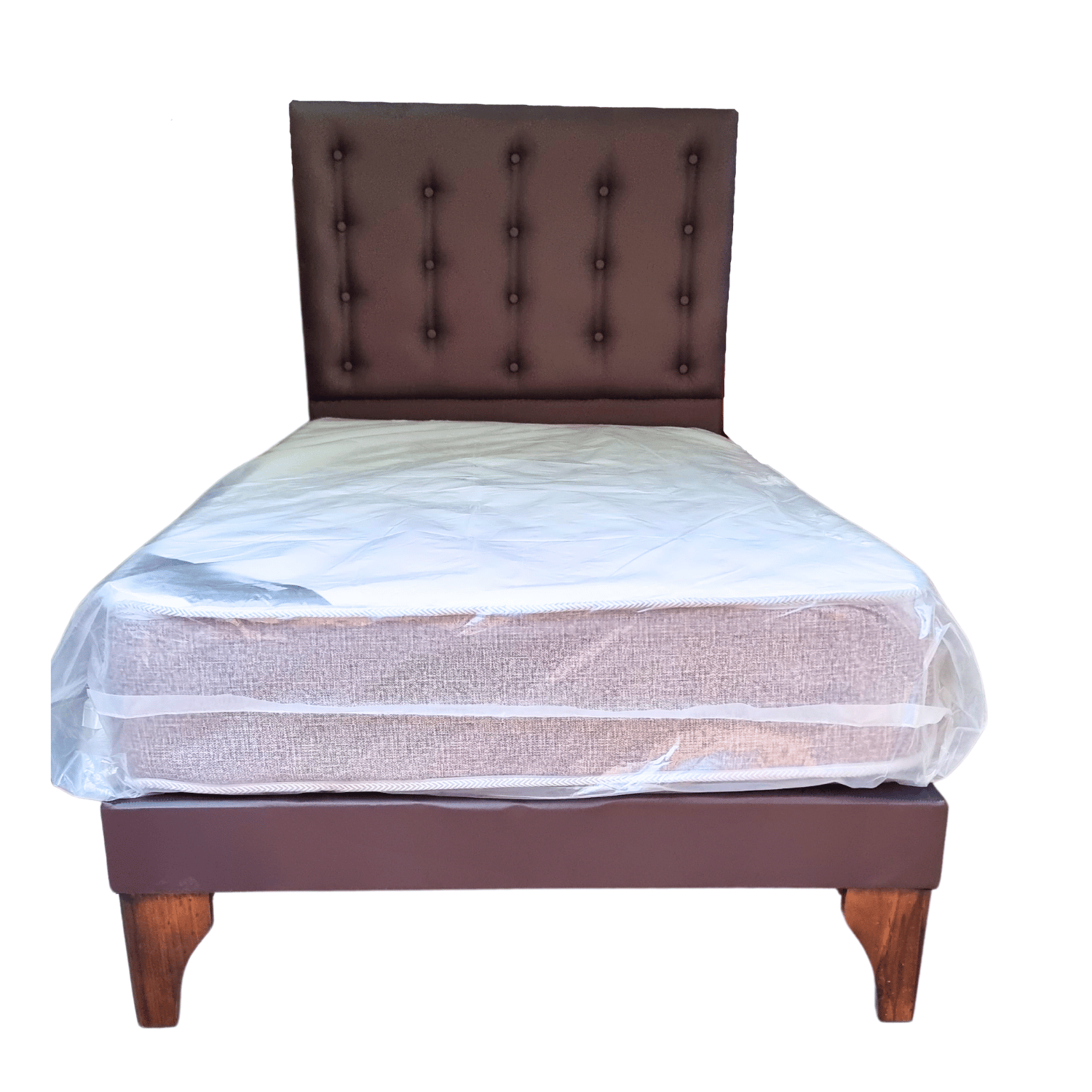 CAMA EUROPEA 1,5 PLAZAS RESPALDO A PISO CAFÉ ECO CUERO + COLCHON DE RESORTE RIMAR - 1