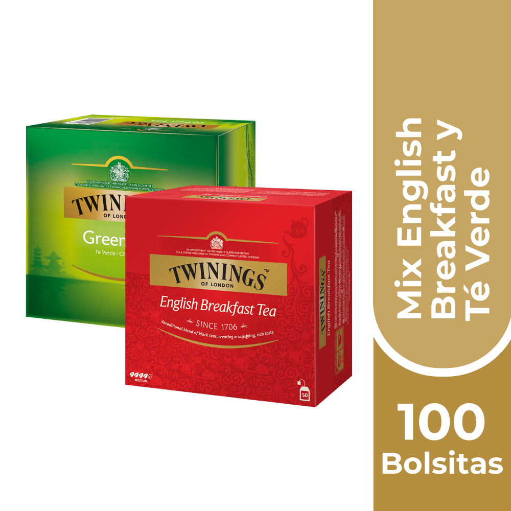 SET INFUSIONES TWININGS CAJA 50 ENGLISH BREAKFAST + 50 BOLSITAS TÉ VERDE - 1