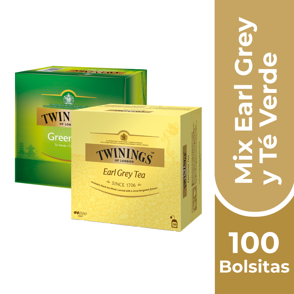 SET INFUSIONES TWININGS CAJA 50 EARL GREY + 50 BOLSITAS TÉ VERDE - 1