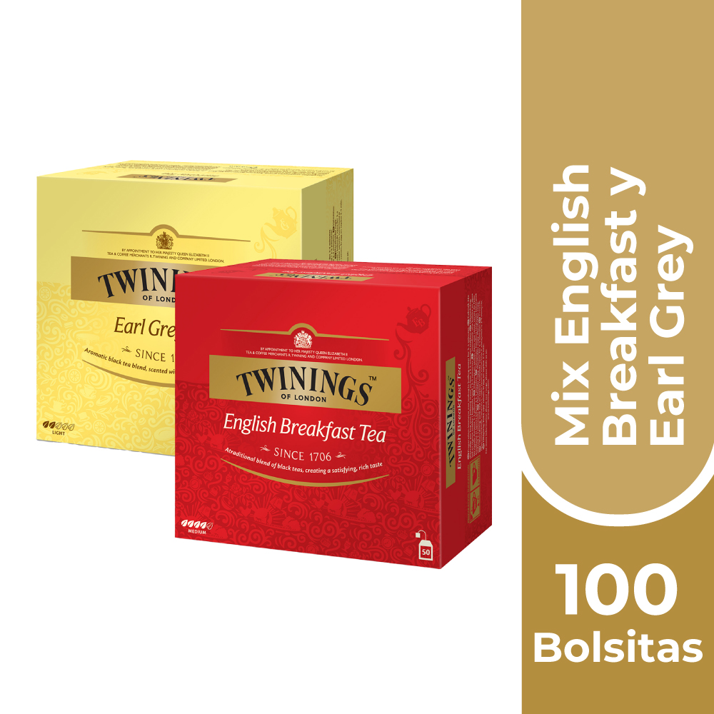 SET INFUSIONES TWININGS CAJA 50 ENGLISH BREAKFAST + 50 BOLSITAS EARL GREY - 1