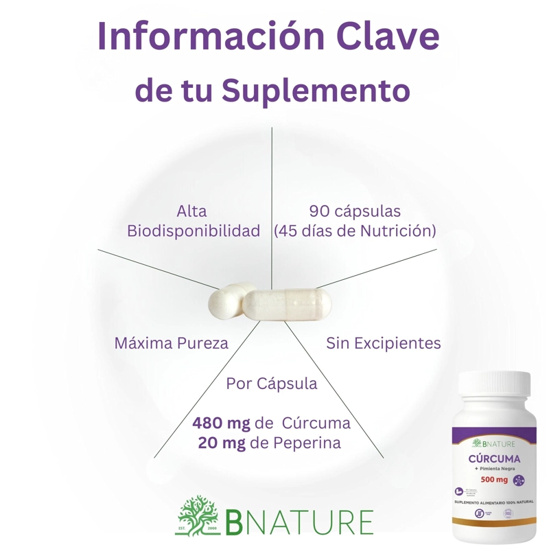 CURCUMA + PIMIENTA NEGRA | 500MG 90 CAPSULAS B NATURE - 4