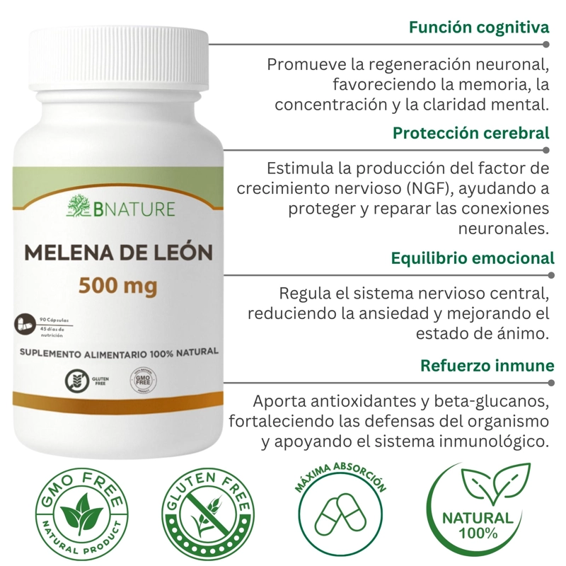 MELENA DE LEON 500MG | SUPLEMENTO FUNGI 90 CAPS B NATURE - 3