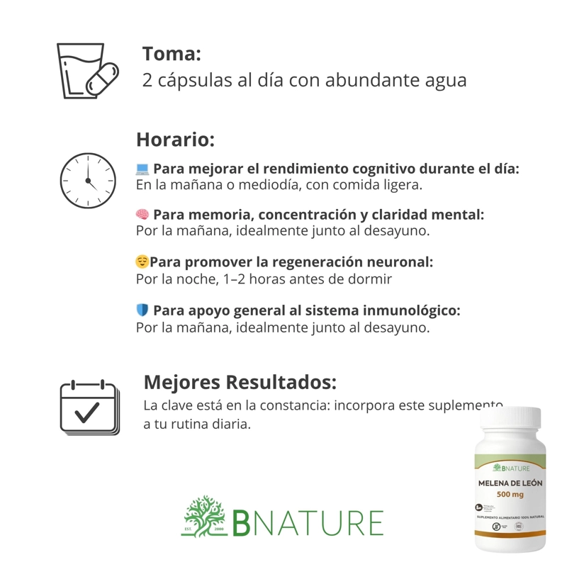 MELENA DE LEON 500MG | SUPLEMENTO FUNGI 90 CAPS B NATURE - 4