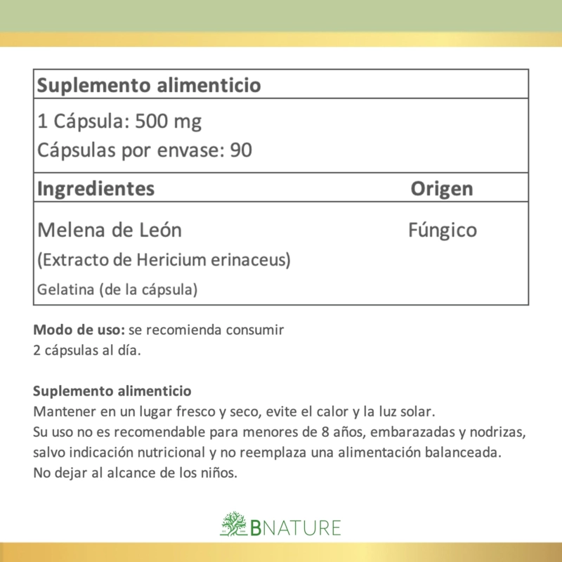 MELENA DE LEON 500MG | SUPLEMENTO FUNGI 90 CAPS B NATURE - 5