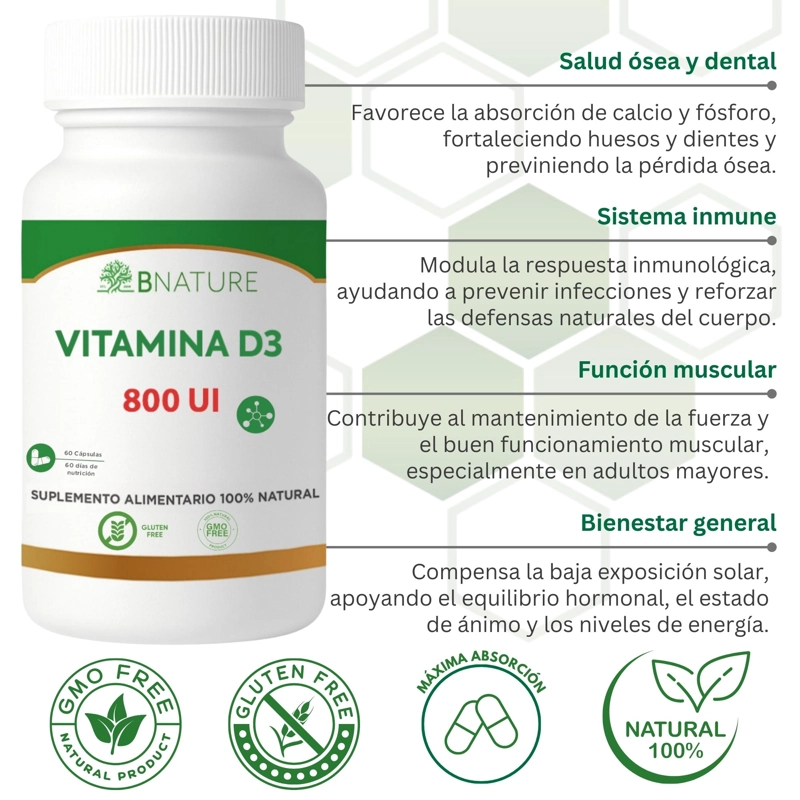 VITAMINA D3 800 UI | SUPLEMENTO DIARIO 60 CAPSULAS B NATURE - 3