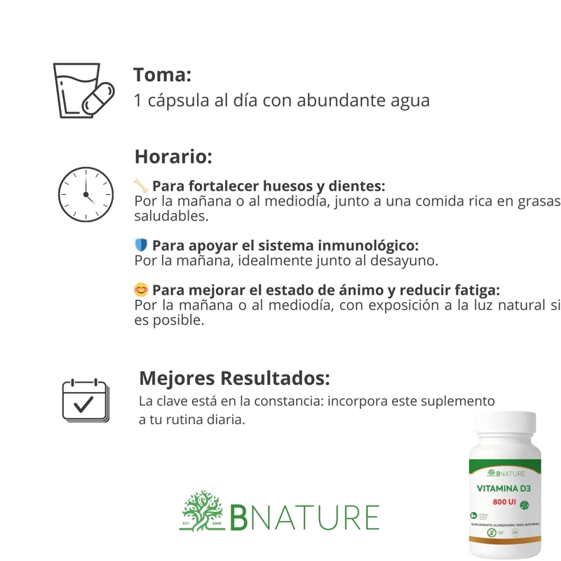 VITAMINA D3 800 UI | SUPLEMENTO DIARIO 60 CAPSULAS B NATURE - 4