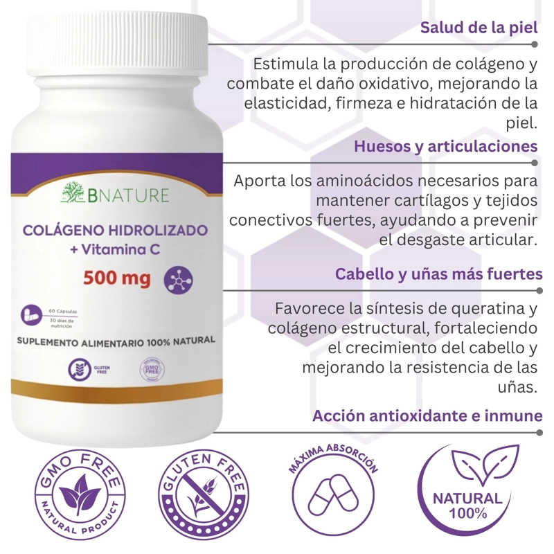 COLAGENO HIDROLIZADO + VITAMINA C 500MG | 60 CAPS B NATURE - 3