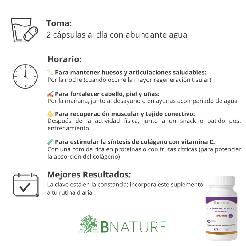 COLAGENO HIDROLIZADO + VITAMINA C 500MG | 60 CAPS B NATURE - 4