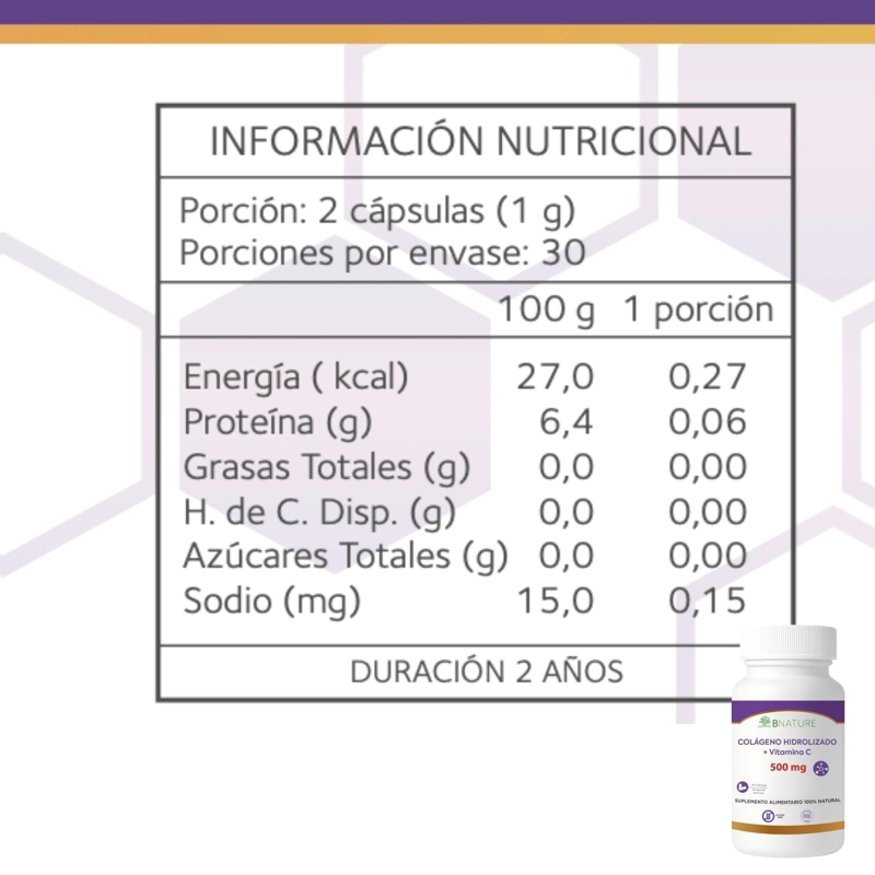 COLAGENO HIDROLIZADO + VITAMINA C 500MG | 60 CAPS B NATURE - 6