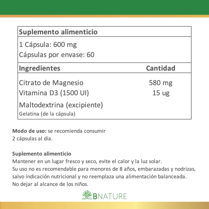 CITRATO DE MAGNESIO + VITAMINA D3 · 600MG · 60 CAPSULAS - 5
