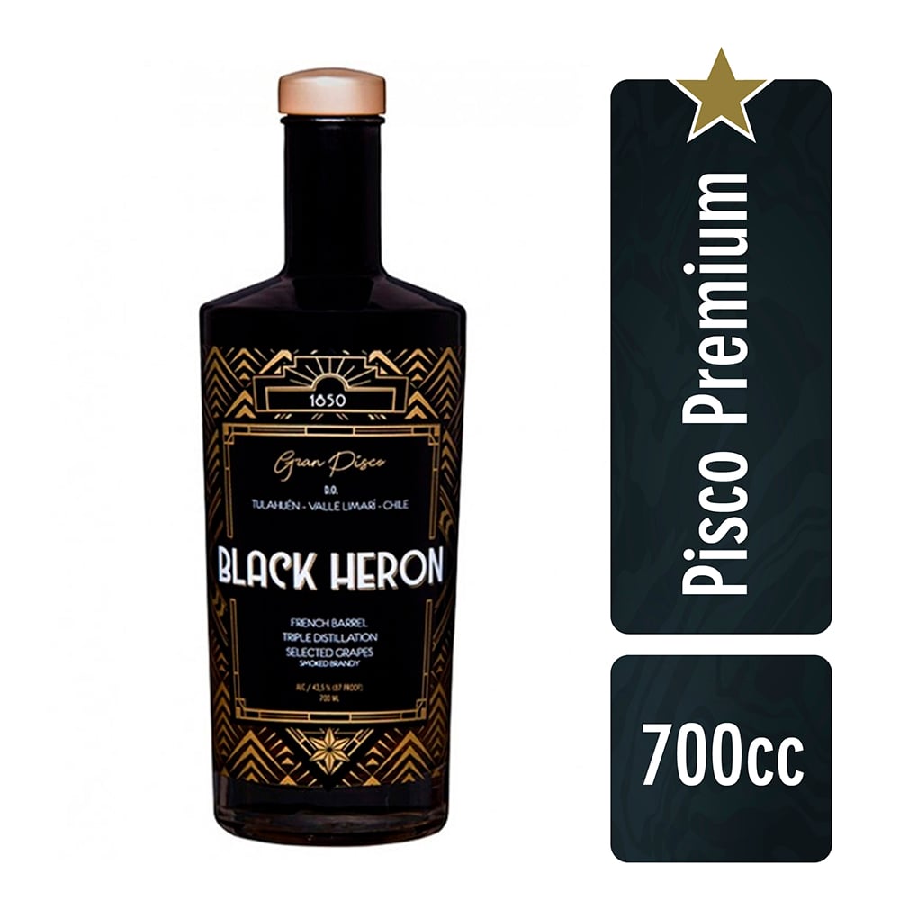 PISCO BLACK HERON BOTELLA VIDRIO 700 CC AHUMADO PREMIUM - 1