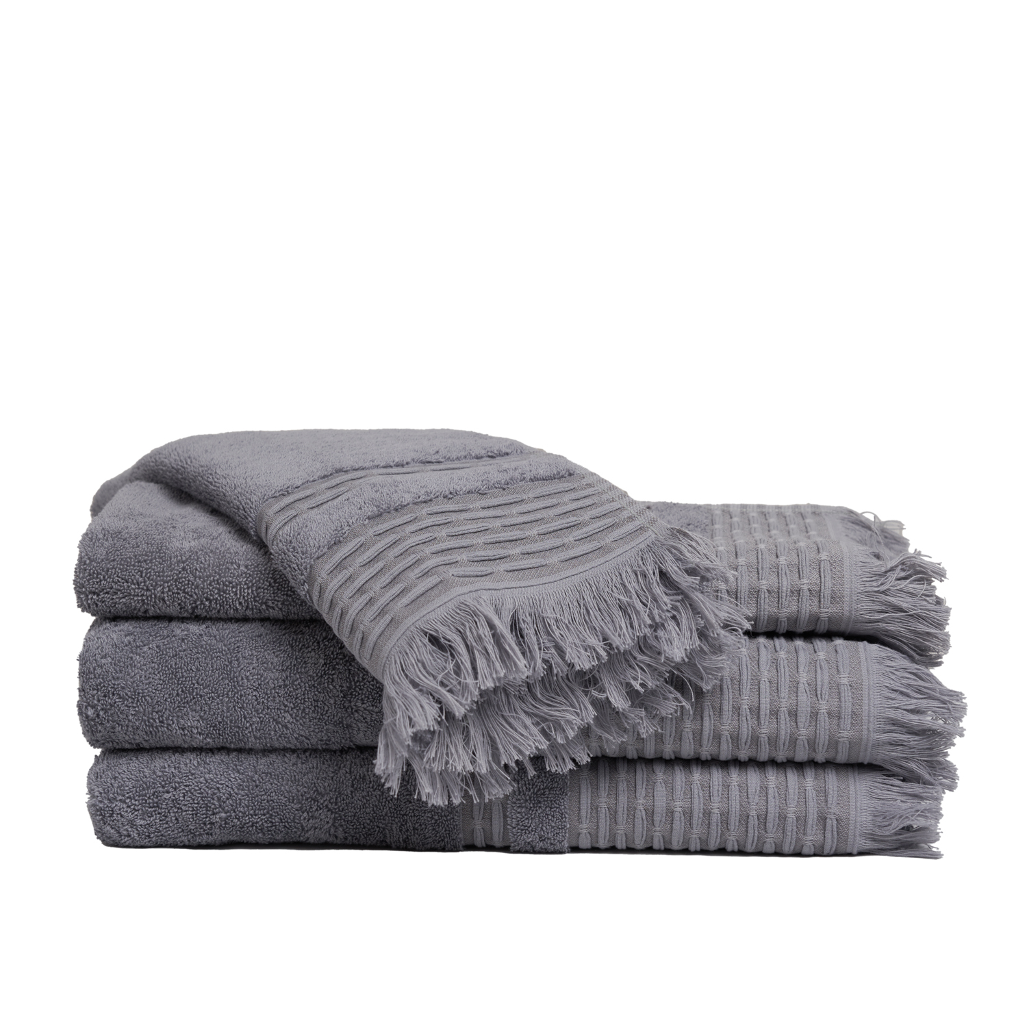 SET DE TOALLAS PREMIUM CON GUARDA LABRADA Y FLECOS EN ALGODON TURCO 620GR. COLOR GRIS.