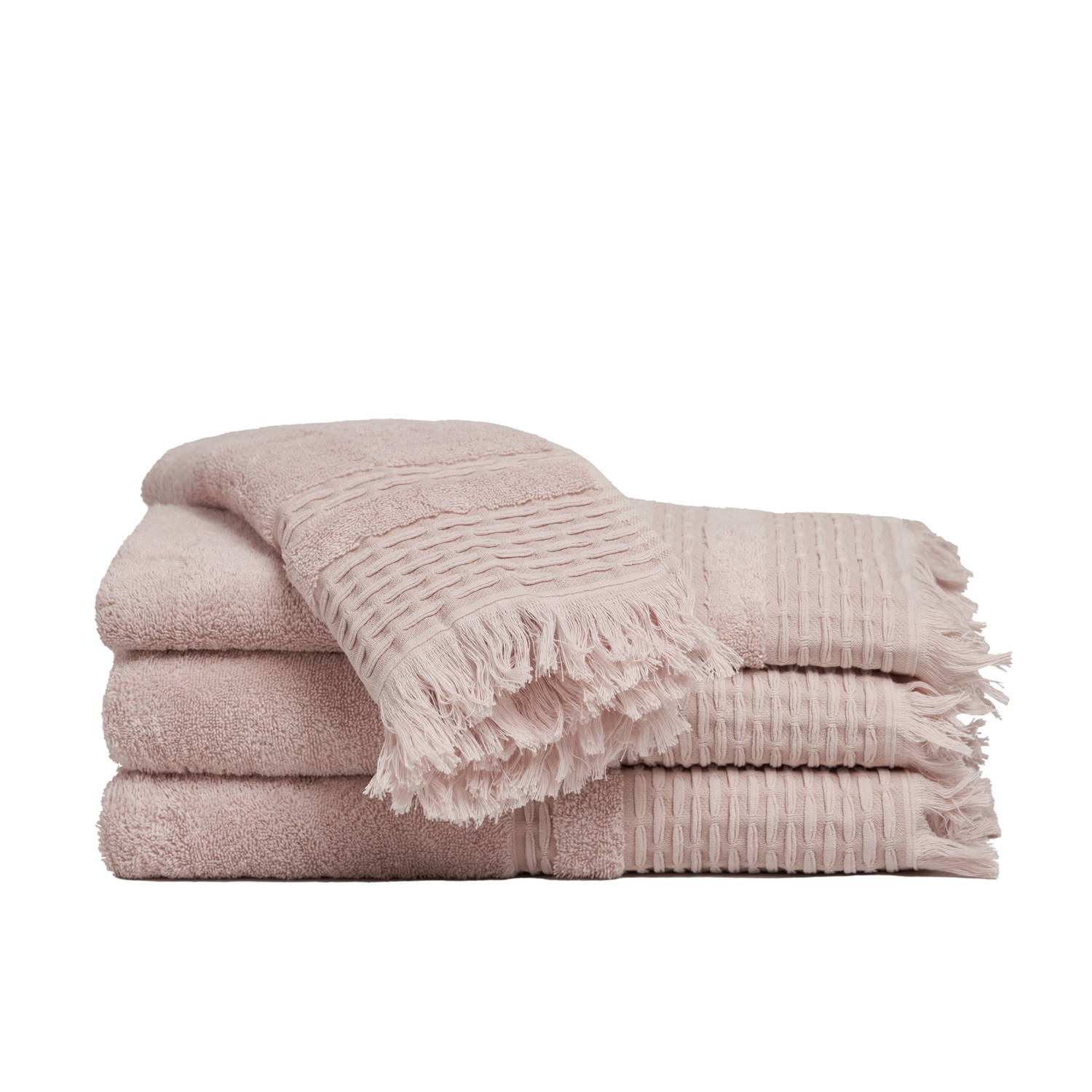 SET DE TOALLAS PREMIUM CON GUARDA LABRADA Y FLECOS EN ALGODÓN TURCO 620GR. COLOR ROSA - 1