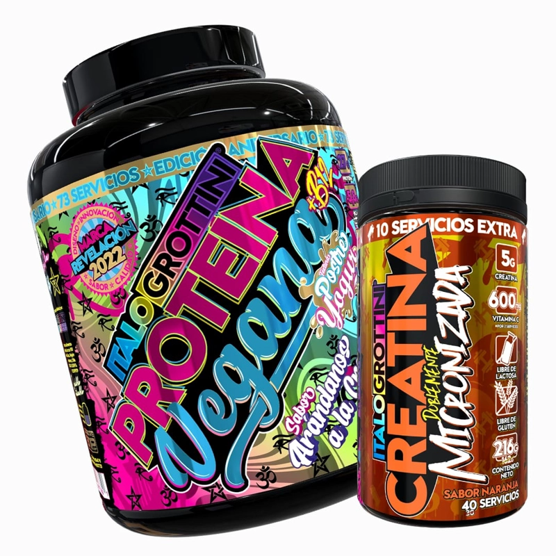 PROTEINA ITALO GROTTINI VEGANA 73S ARANDANOS POLVO + CREATINA 40S NARANJA