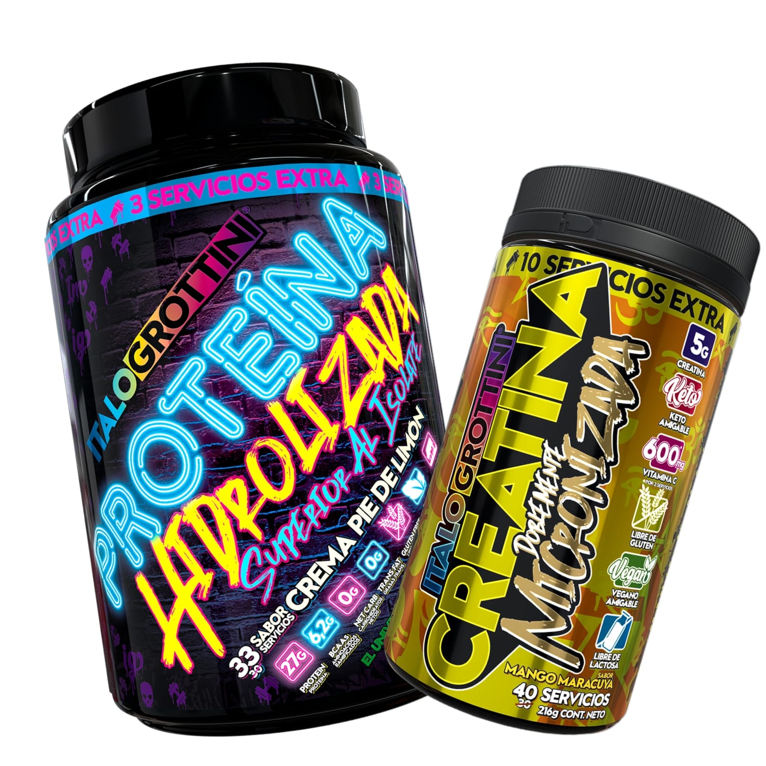 PROTEINA ITALO GROTTINI HIDROLIZADA PIE LIMON POLVO 2.3 LB + CREATINA 40 SV MANGO MARACUYA - 1
