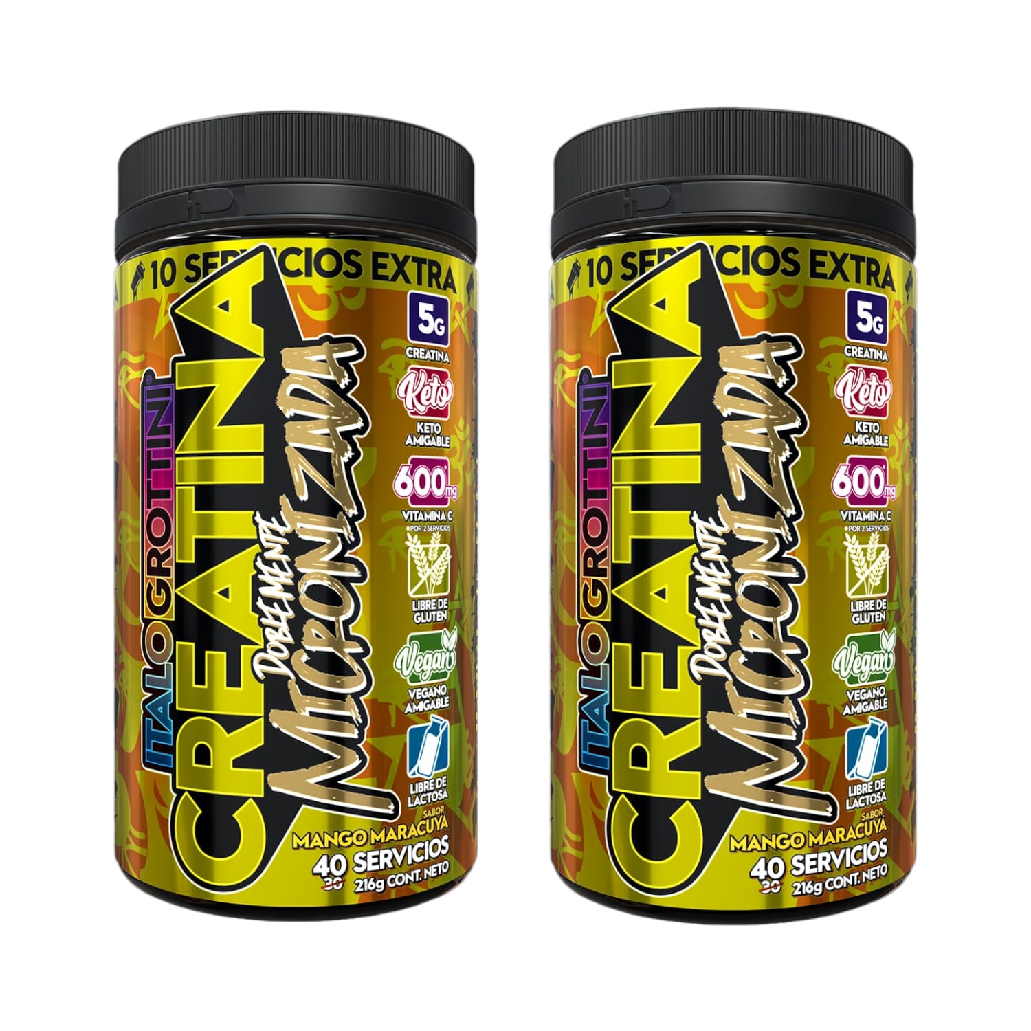 PACK 2 FRASCOS CREATINA ITALO GROTTINI MONOHIDRATO MANGO MARACUYA POLVO 40 SERV C/U - 1