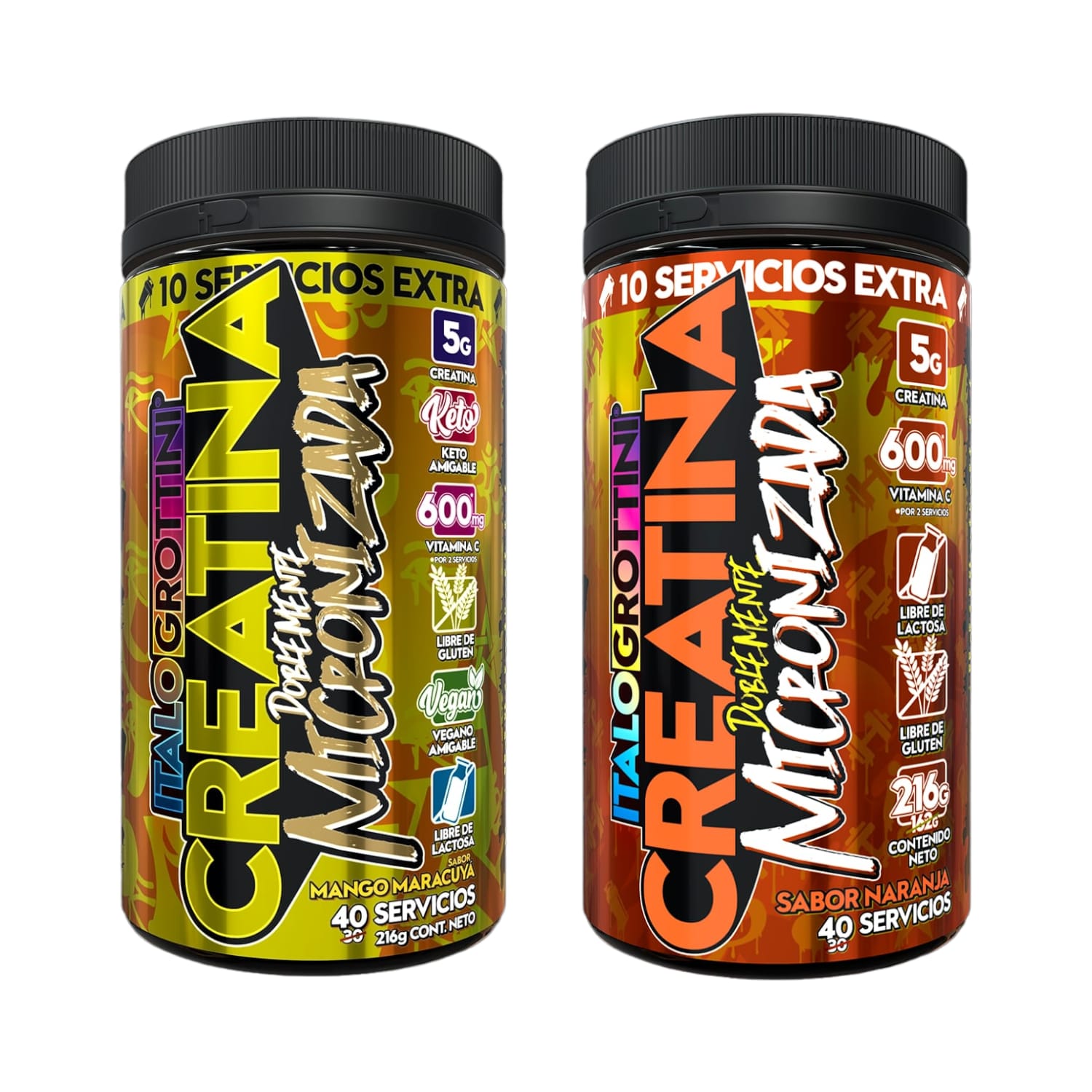 PACK 2 FRASCOS CREATINA ITALO GROTTINI MONOHIDRATO NARANJA MANGO MARACUYA POLVO 40 SERV C/U - 1