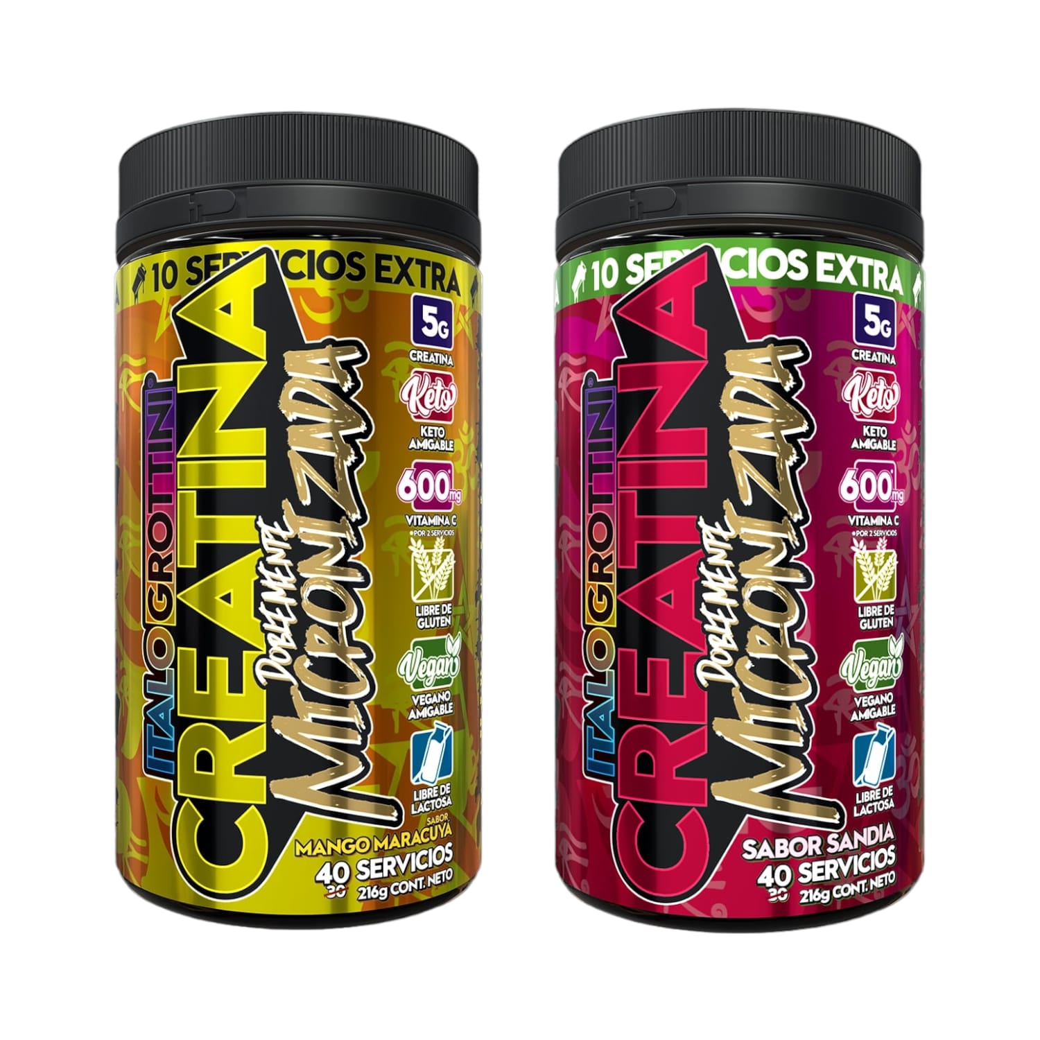 PACK 2 FRASCOS CREATINA ITALO GROTTINI MONOHIDRATO SANDIA MANGO MARACUYA POLVO 40 SERV C/U - 1