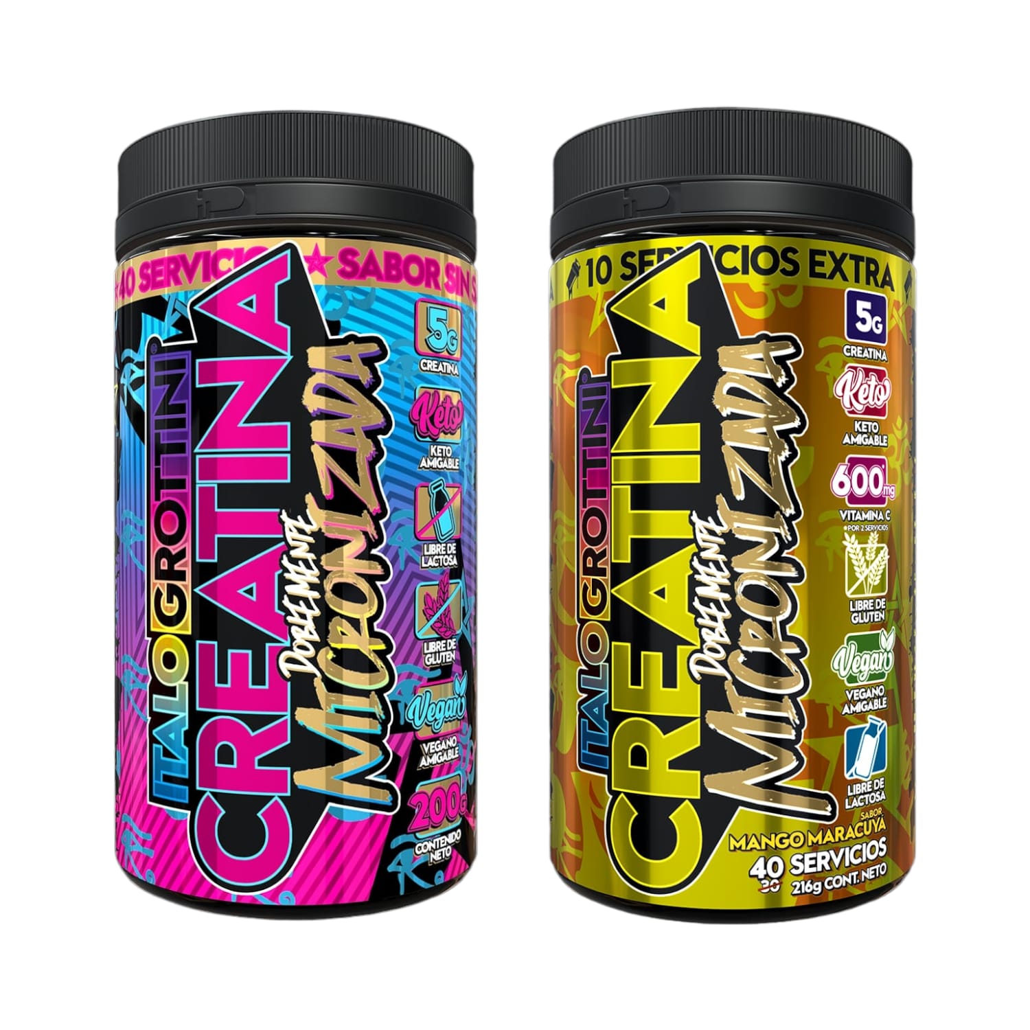 PACK 2 FRASCOS CREATINA ITALO GROTTINI MONOHIDRATO SIN SABOR MANGO MARACUYA POLVO 40 SERV C/U - 1