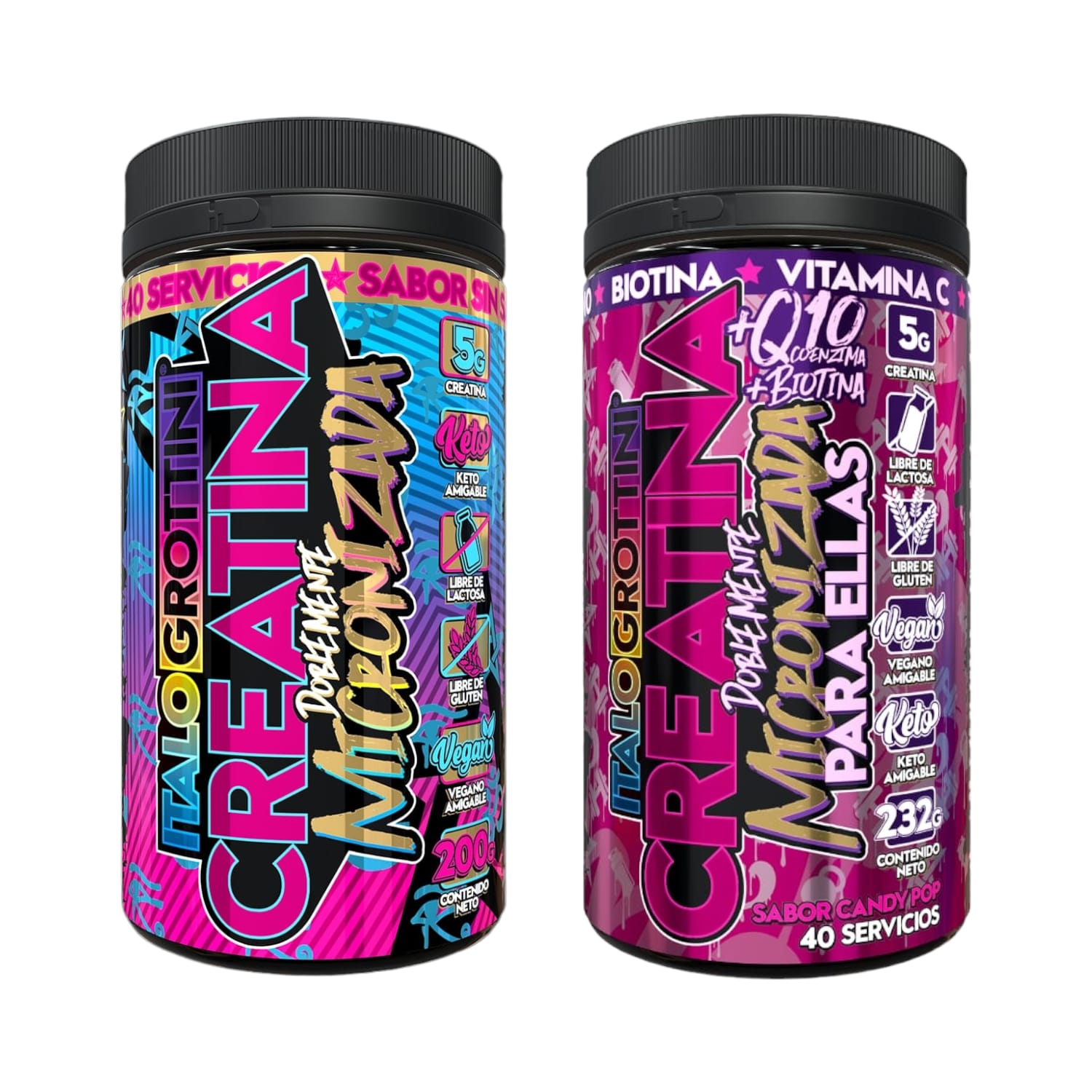 PACK 2 FRASCOS CREATINA ITALO GROTTINI MONOHIDRATO SIN SABOR CANDY POP POLVO 40 SERV C/U - 1