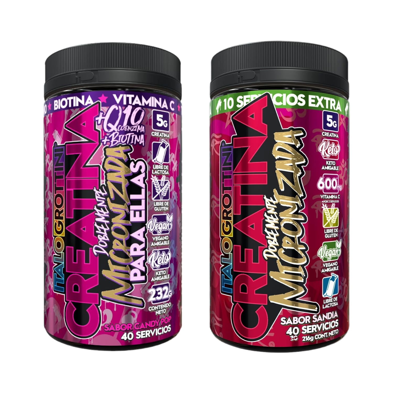 PACK 2 FRASCOS CREATINA ITALO GROTTINI MONOHIDRATO CANDY POP SANDIA POLVO 40 SERV C/U - 1