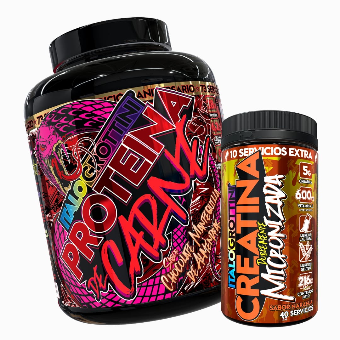 PROTEINA ITALO GROTTINI CARNE 73SV CHOCOLATE POLVO 5.2 LB + CREATINA 40SV NARANJA - 1