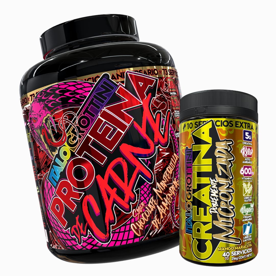 PROTEINA ITALO GROTTINI CARNE 73SV CHOCOLATE POLVO 5.2 LB + CREATINA 40SV MANGO MARACUYA - 1