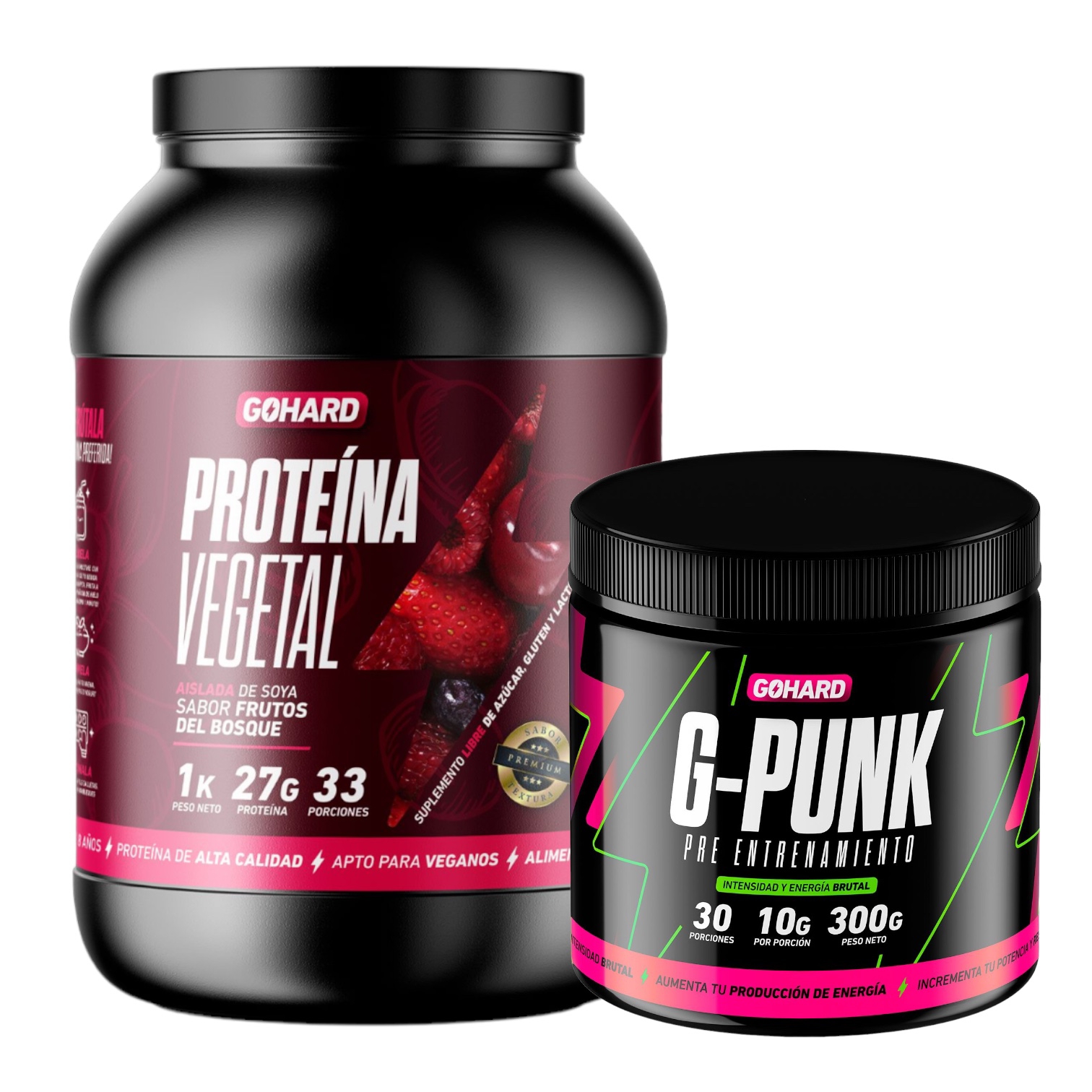 PROTEINA GOHARD FRUTOS DEL BOSQUE 33 SERV POLVO 1 KG + PRE ENTRENAMIENTO G-PUNK 30 SERV - 1