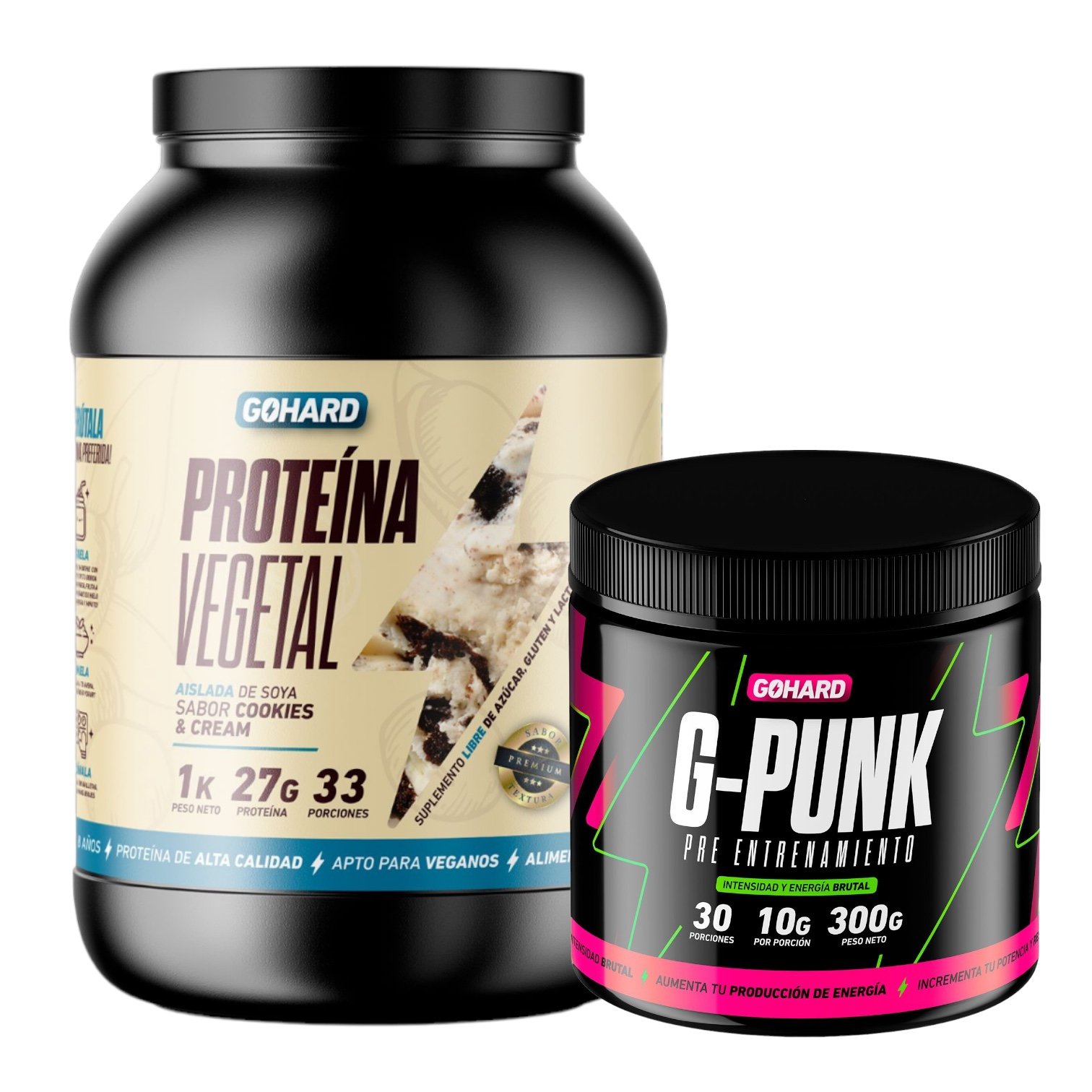 PROTEINA GOHARD COOKIES AND CREAM 33 SERV POLVO 1 KG + PRE ENTRENAMIENTO G-PUNK 30 SERV - 1