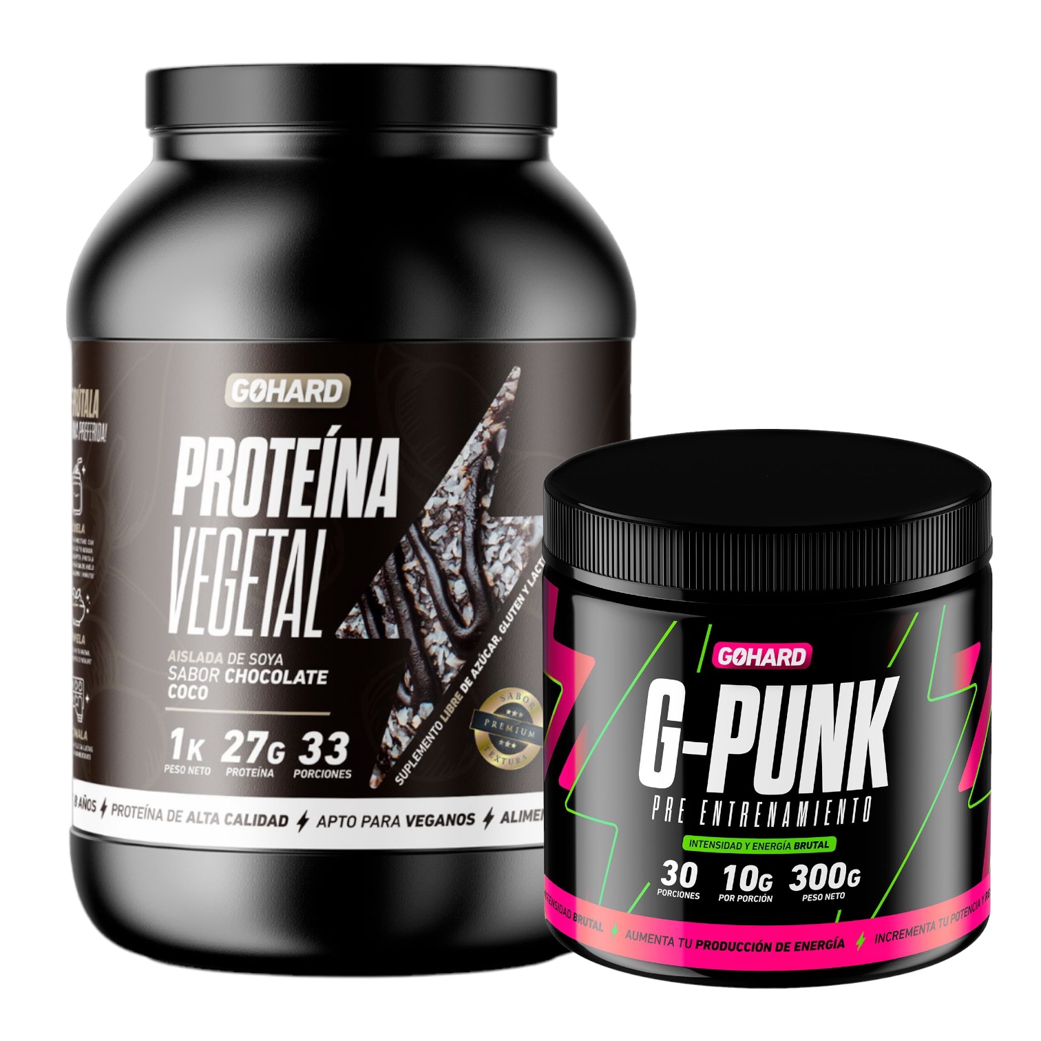 PROTEINA GOHARD CHOCOLATE COCO 33 SERV POLVO 1 KG + PRE ENTRENAMIENTO G-PUNK 30 SERV - 1