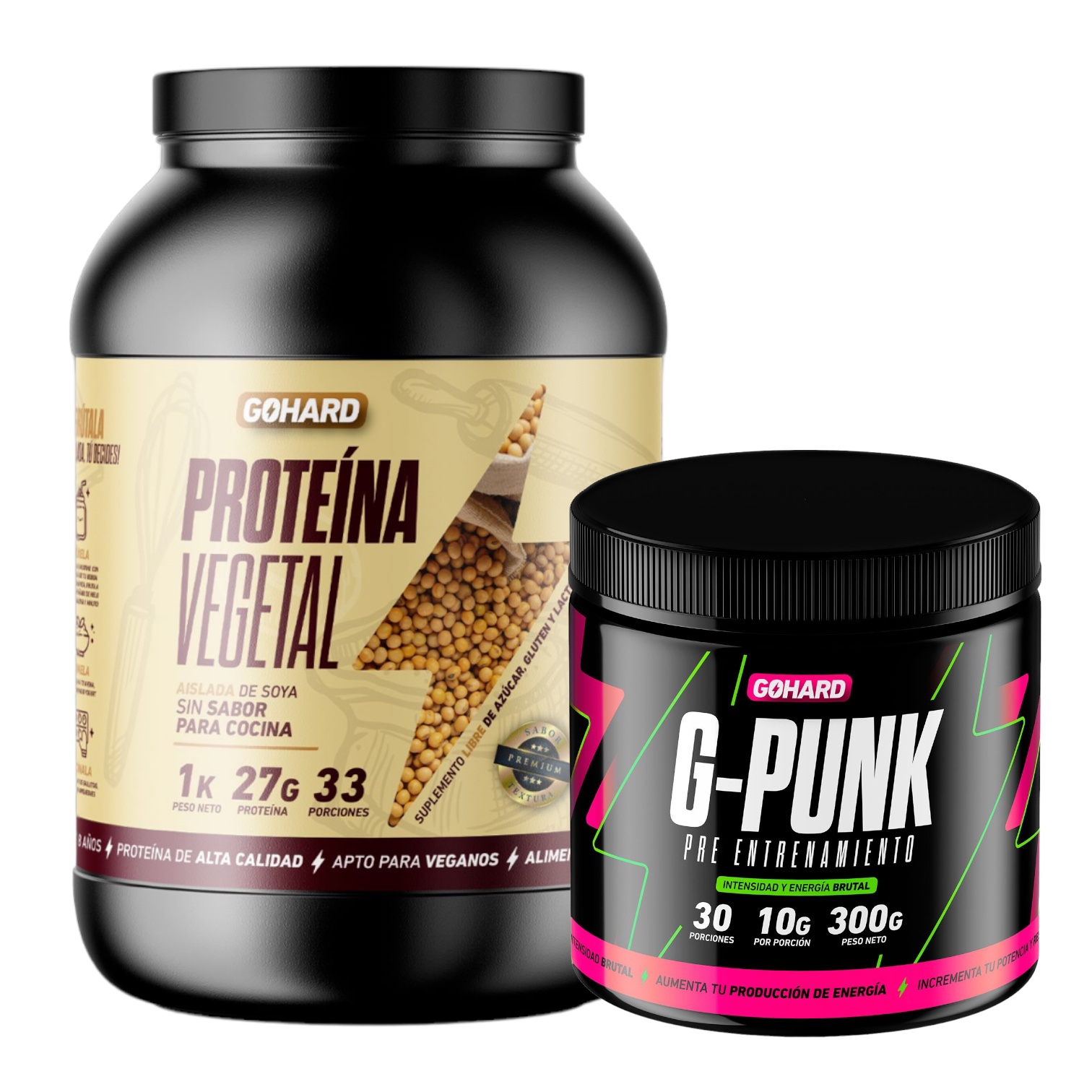 PROTEINA GOHARD SIN SABOR 33 SERV POLVO 1 KG + PRE ENTRENAMIENTO G-PUNK 30 SERV - 1