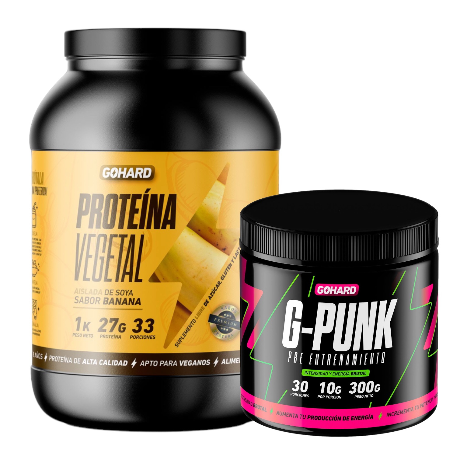 PROTEINA GOHARD BANANA 33 SERV POLVO 1 KG + PRE ENTRENAMIENTO G-PUNK 30 SERV - 1