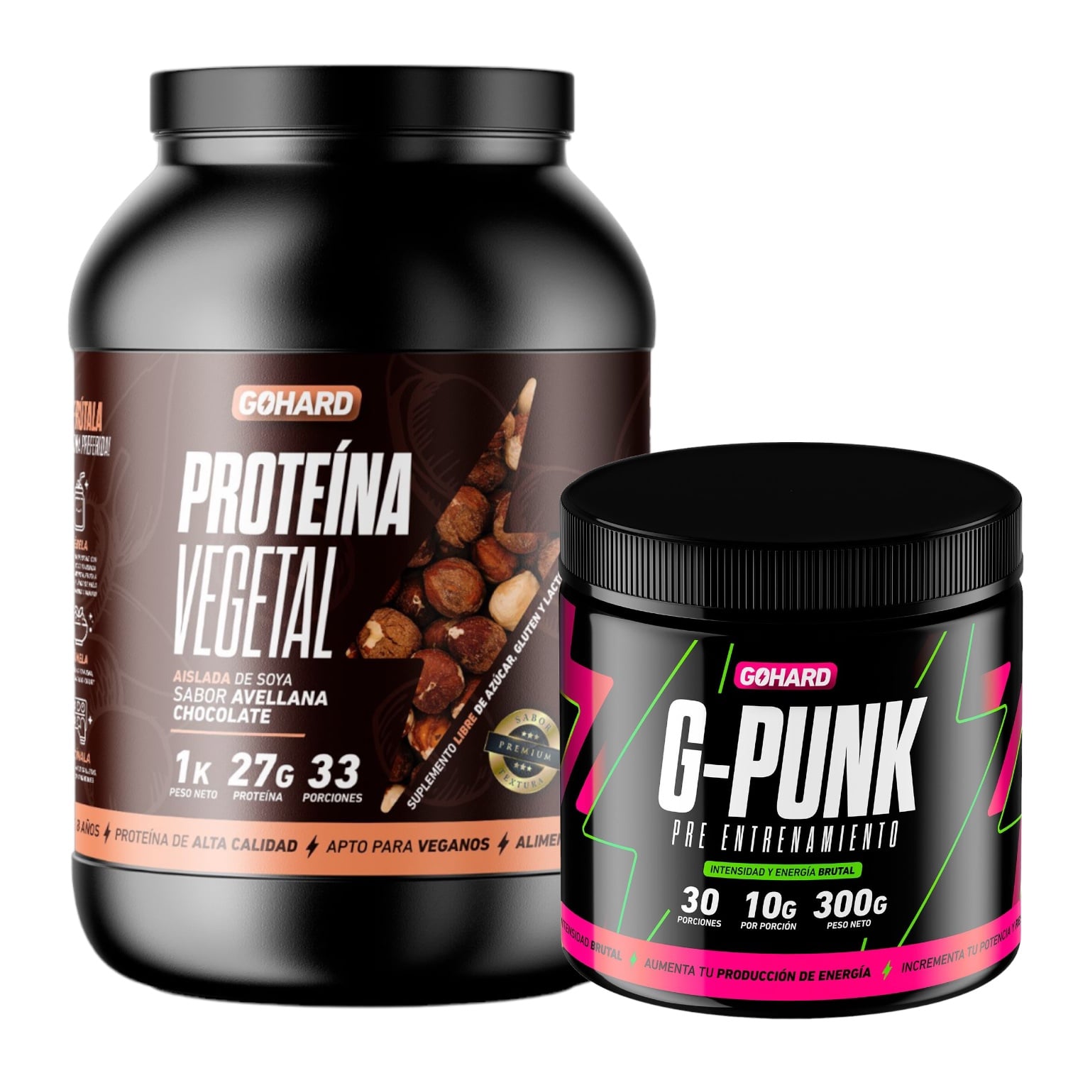 PROTEINA GOHARD AVELLANA CHOCOLATE 33 SERV. POLVO 1 KG + PRE ENTRENAMIENTO G-PUNK 30 SERV - 1