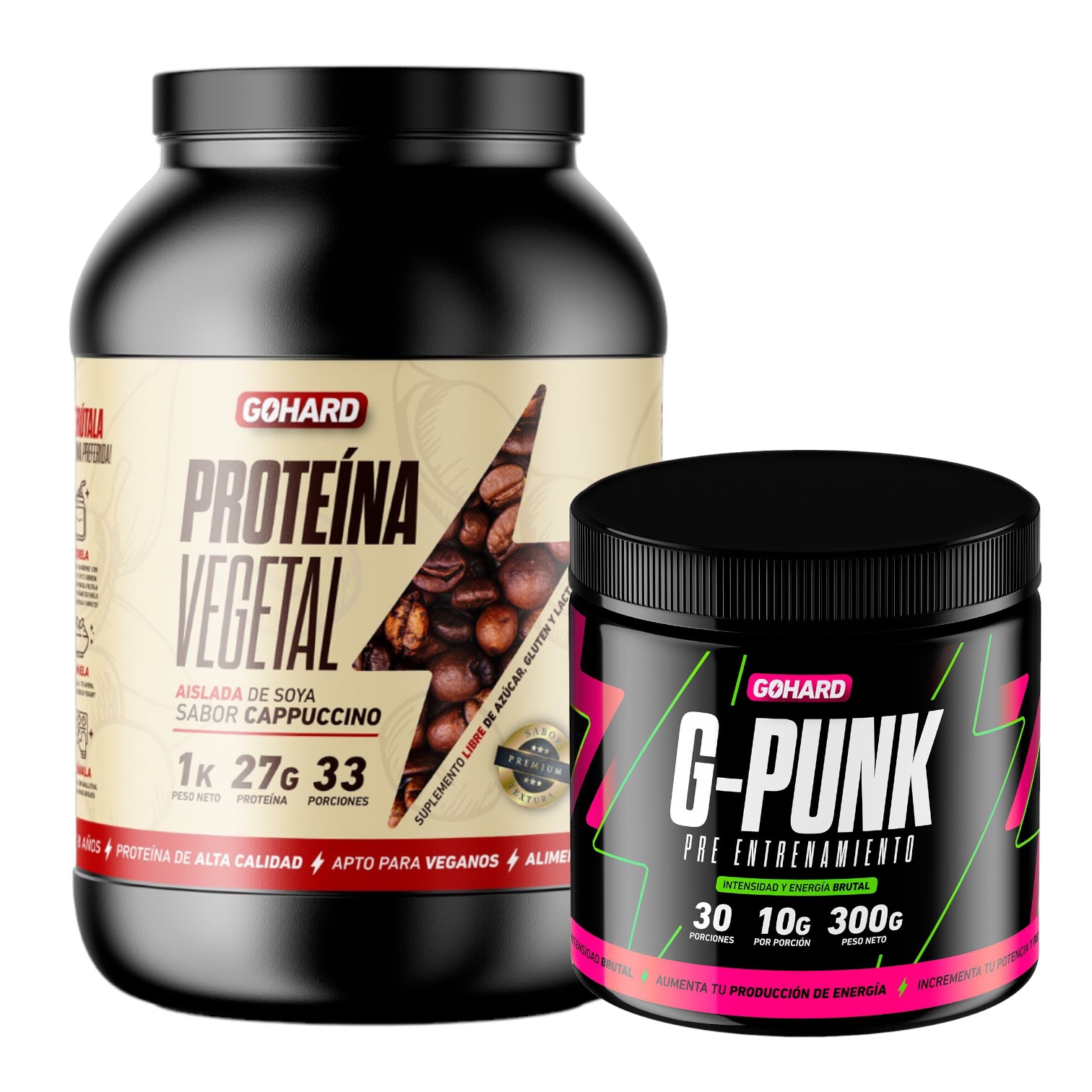 PROTEINA GOHARD CAPPUCCINO 33 SERV POLVO 1 KG + PRE ENTRENAMIENTO G-PUNK 30 SERV - 1
