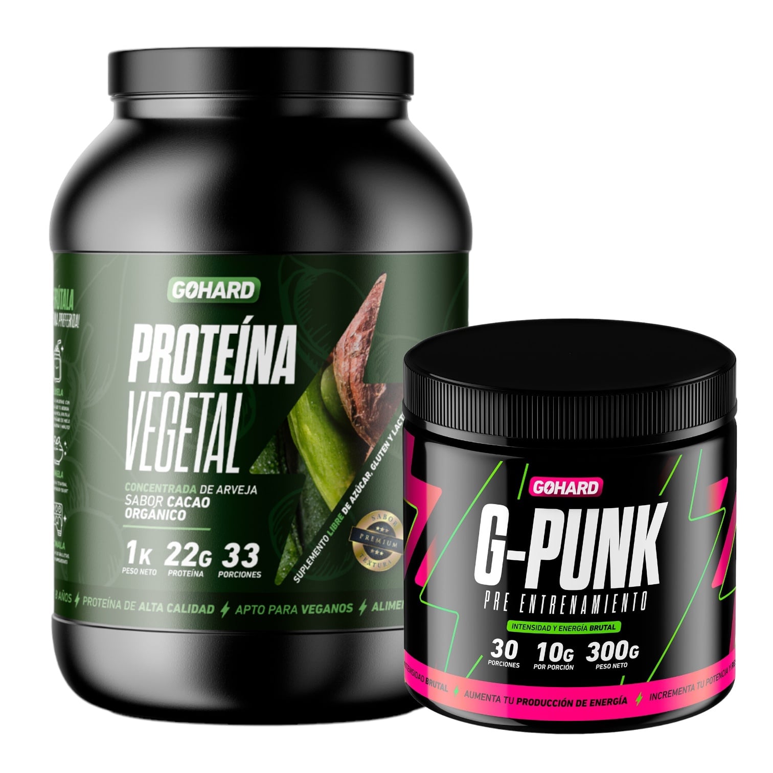 PROTEINA GOHARD CACAO ORGANICO 33 SERV POLVO 1 KG + PRE ENTRENAMIENTO G-PUNK 30 SERV - 1