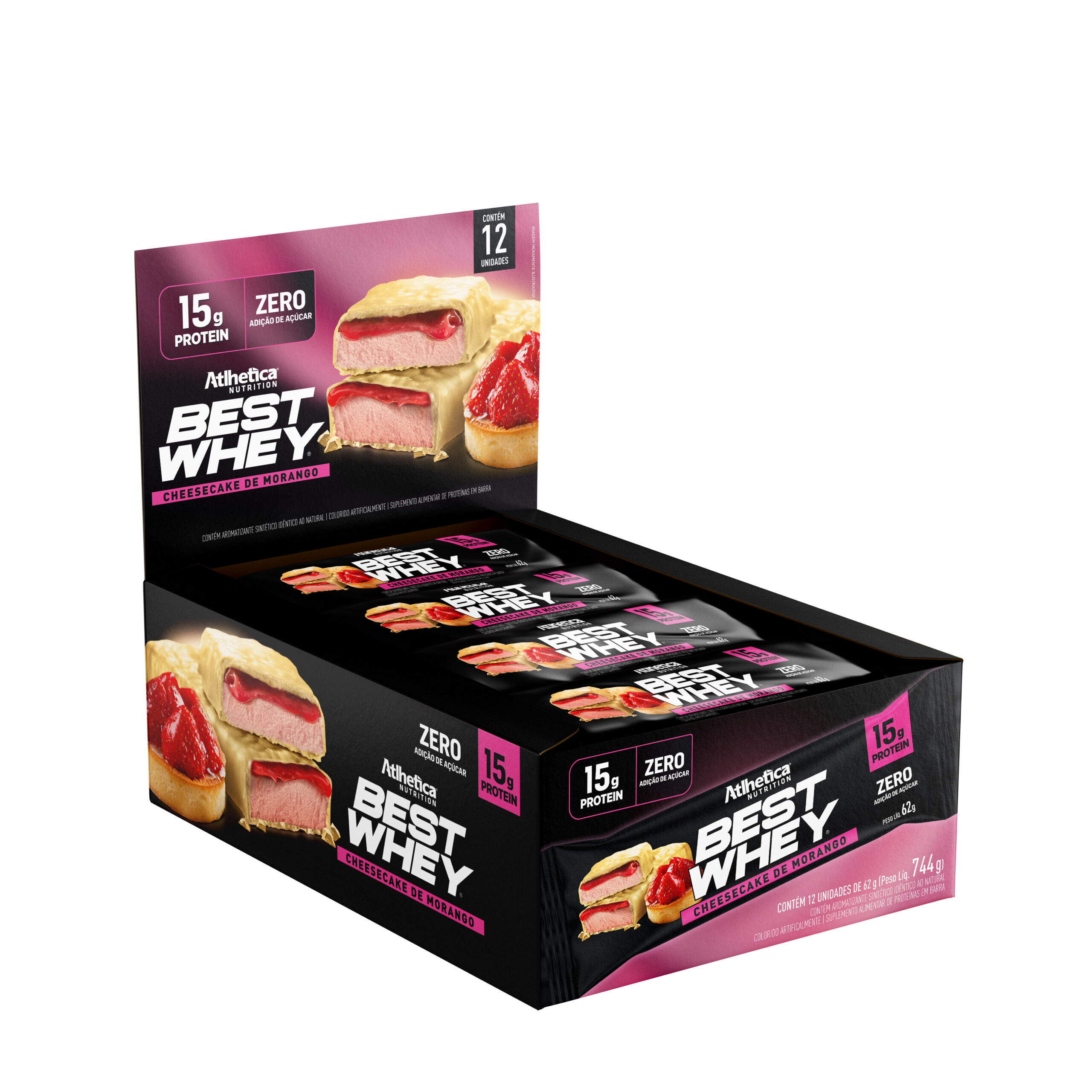 BOX 12 BARRAS BEST WHEY 15 GR CHEESECAKE FRUTILLA- ATLHETICA