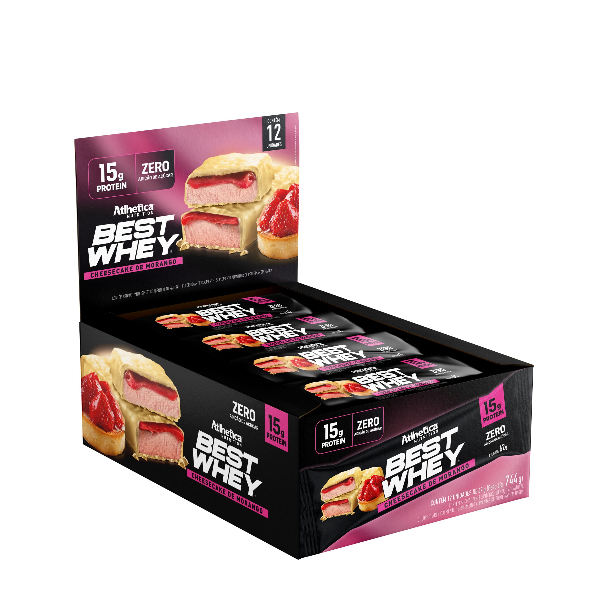 BOX 12 BARRAS BEST WHEY 15 GR CHEESECAKE FRUTILLA- ATLHETICA - 1