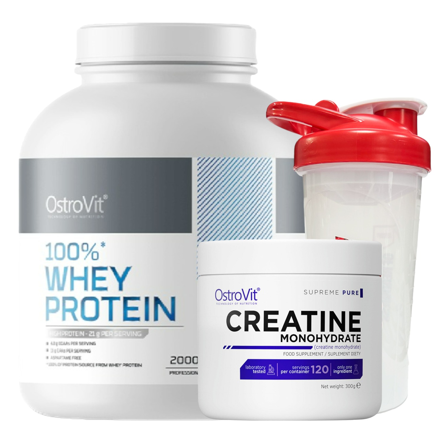 PACK OSTROVIT 100% WHEY PROTEIN 2000GR + CREATINA MONOHIDRATADA 300GR + SHAKER 750ML - 1