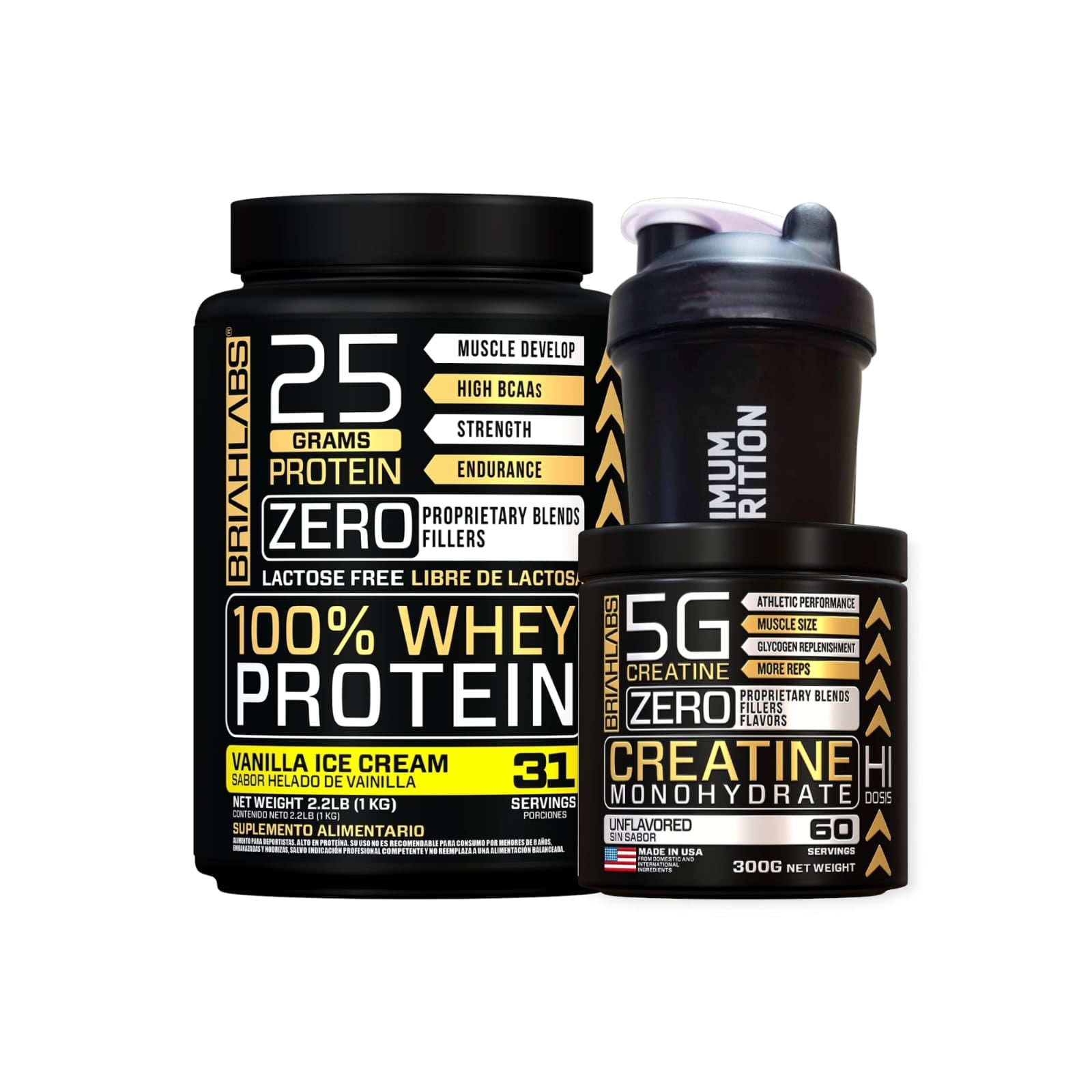 SET PROTEINA BRIAHLABS 100% WHEY VAINILLA 1 KG + CREATINA 60SV + SHAKER - 1